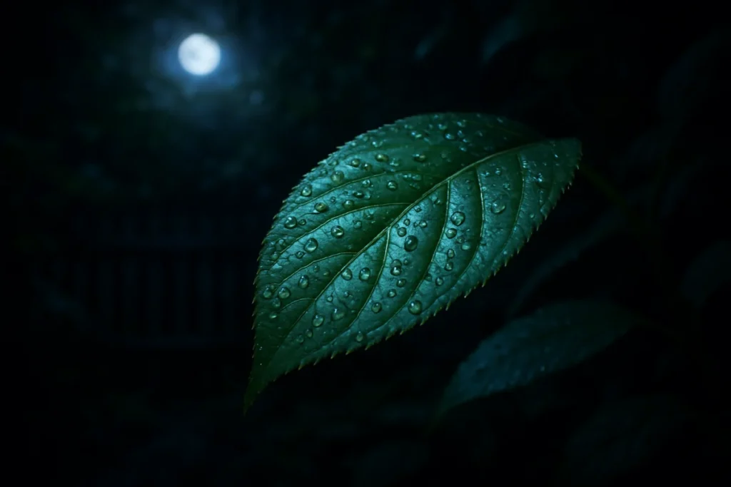 深夜の庭で月光が葉を照らすクローズアップ