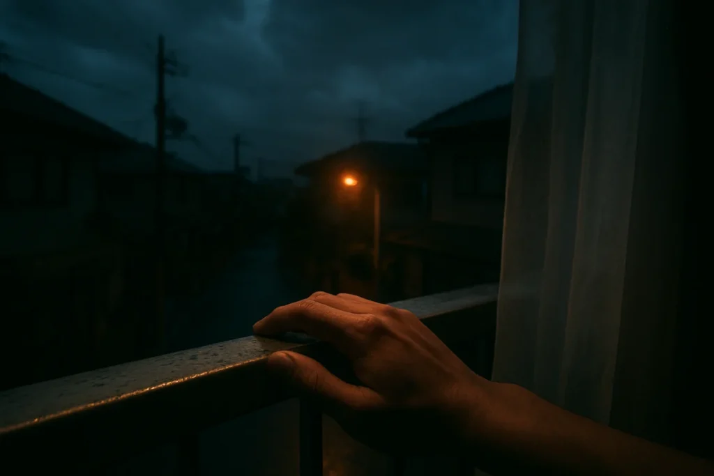 A close-up of a person's hand resting on a cool metal balcony railing at midnight in May, looking out at a quiet residential street under a cloudy night sky illuminated by warm streetlights.