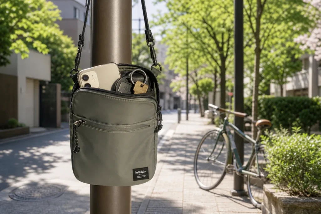 街路の手元に揺れるミニサコッシュのアップ