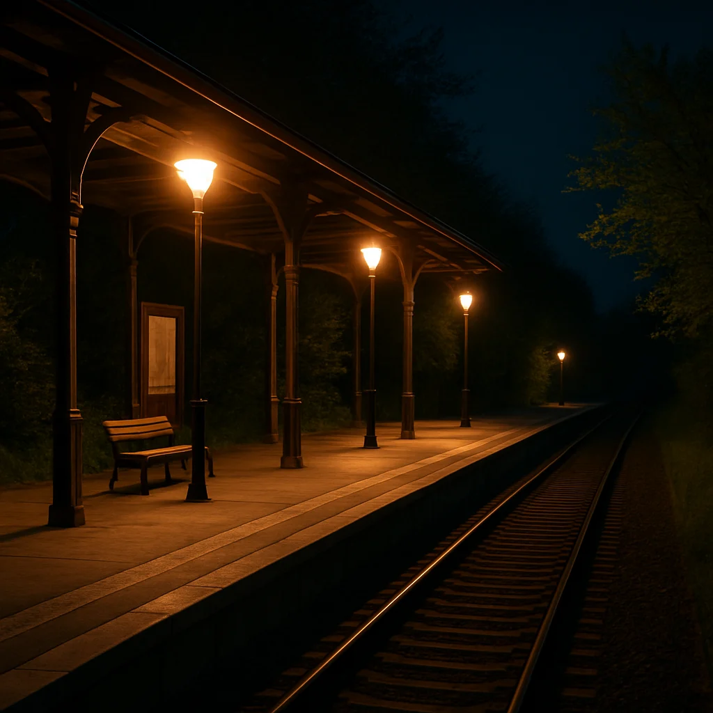 Empty train platform at night with soft lighting and gentle spring breeze