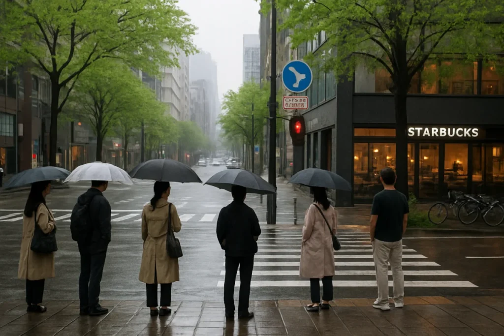 東京の昼下がりの交差点で信号待ちをする人々と通りの風景