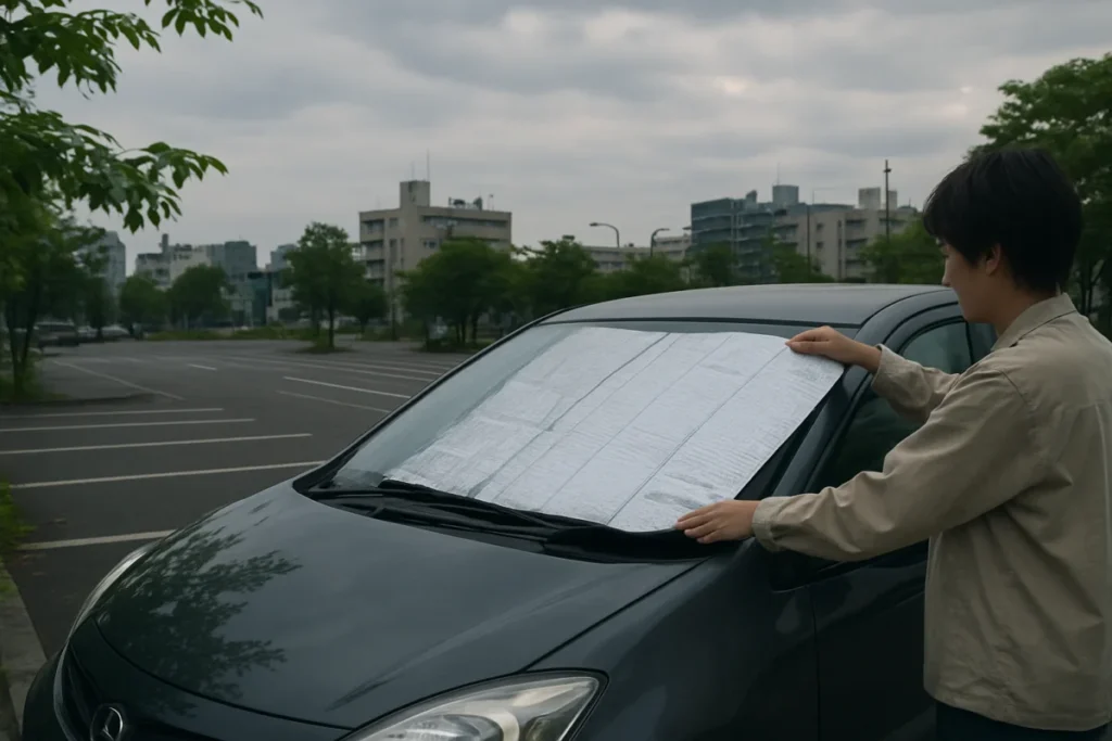 曇り空の朝、駐車場で車の前にサンシェードを広げる様子