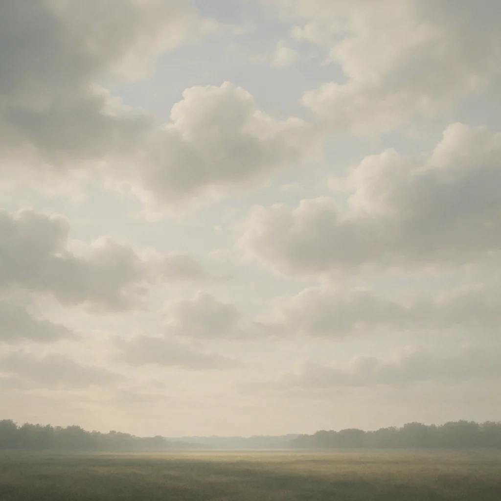Soft morning clouds drifting across a pale April sky with gentle shadows on the ground below