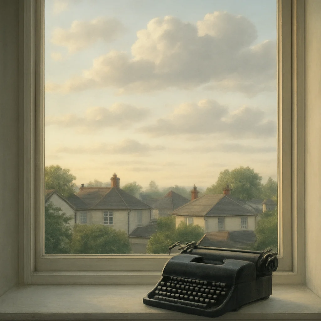 Soft morning clouds floating above residential rooftops with a typewriter on windowsill