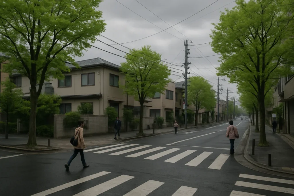 朝の曇り空の下、東京の住宅街の交差点で歩く人々と街路樹の写真