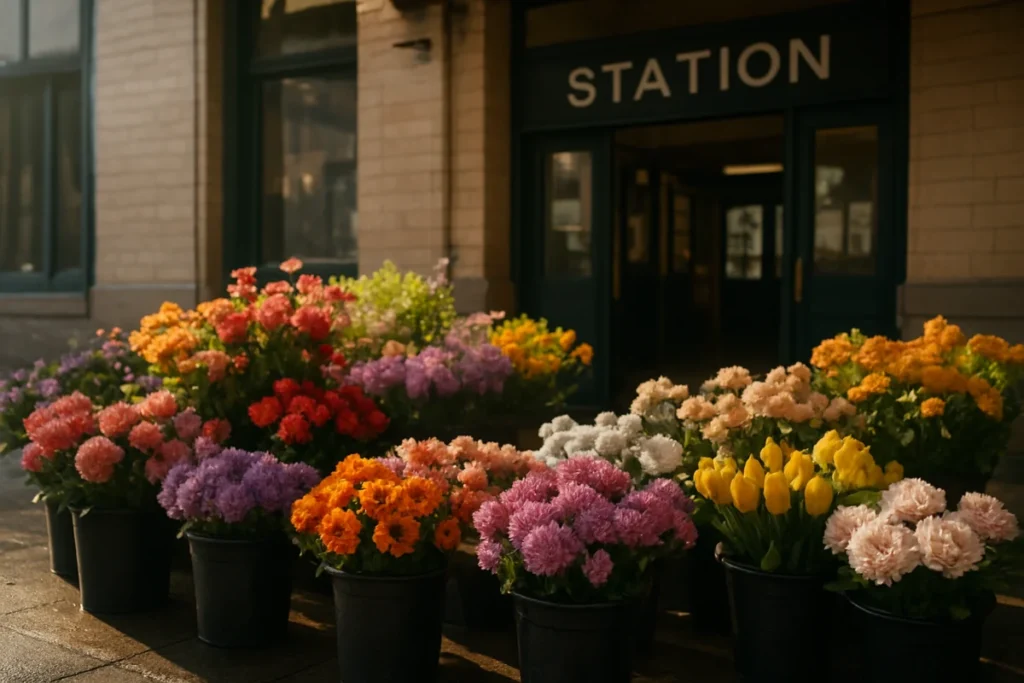 朝の駅前にある花屋の店先、バケツに入った色とりどりの花と水滴