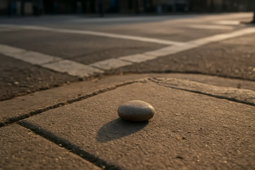朝の交差点の歩道脇に落ちている小さな石