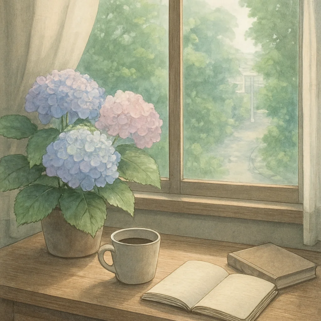 窓辺の朝の光と紫陽花の静かな風景