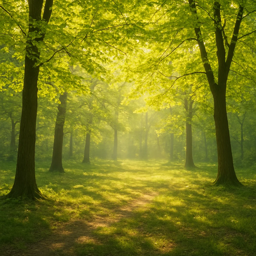 Soft morning sunlight filtering through fresh green leaves with dappled shadows on the ground