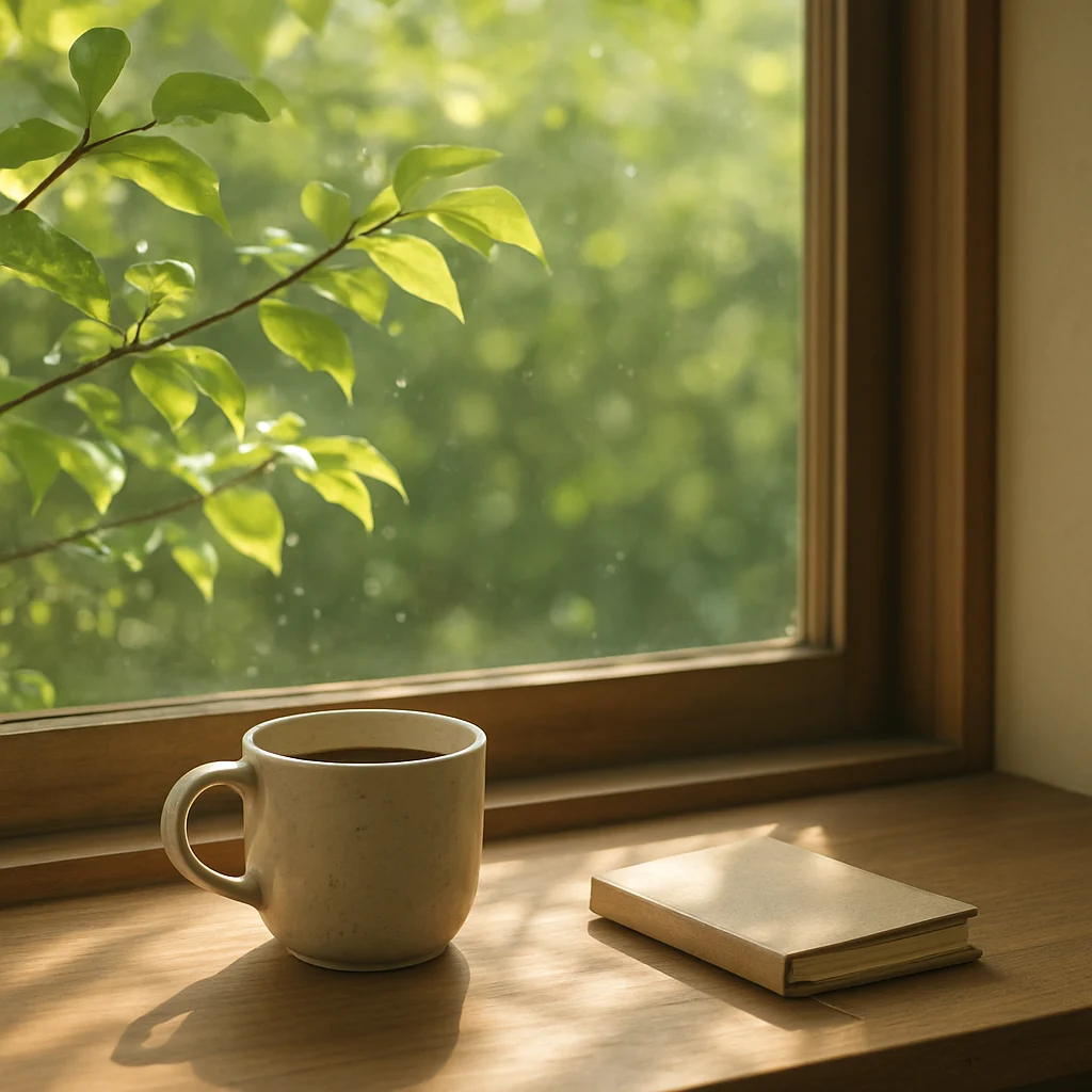 Morning light on the windowsill with a mug and notebook amid fresh green outside