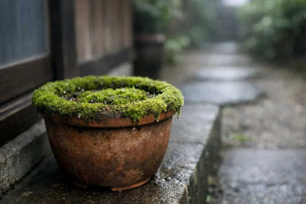 朝の玄関先、植木鉢の苔に小さな湿り気が残る風景