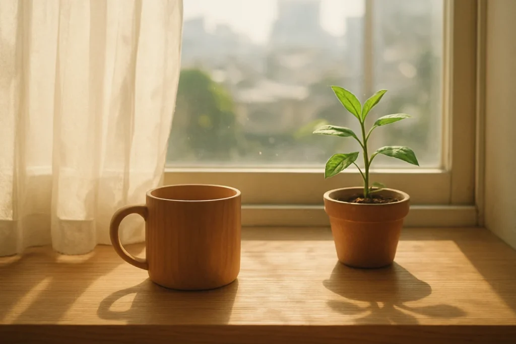 窓辺の木のマグカップと朝の光、緑の鉢植えが並ぶ静かな室内