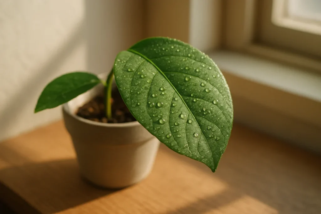 朝の光が鉢植えの葉に落ち、水滴が葉脈を光らせる静かな室内の一枚