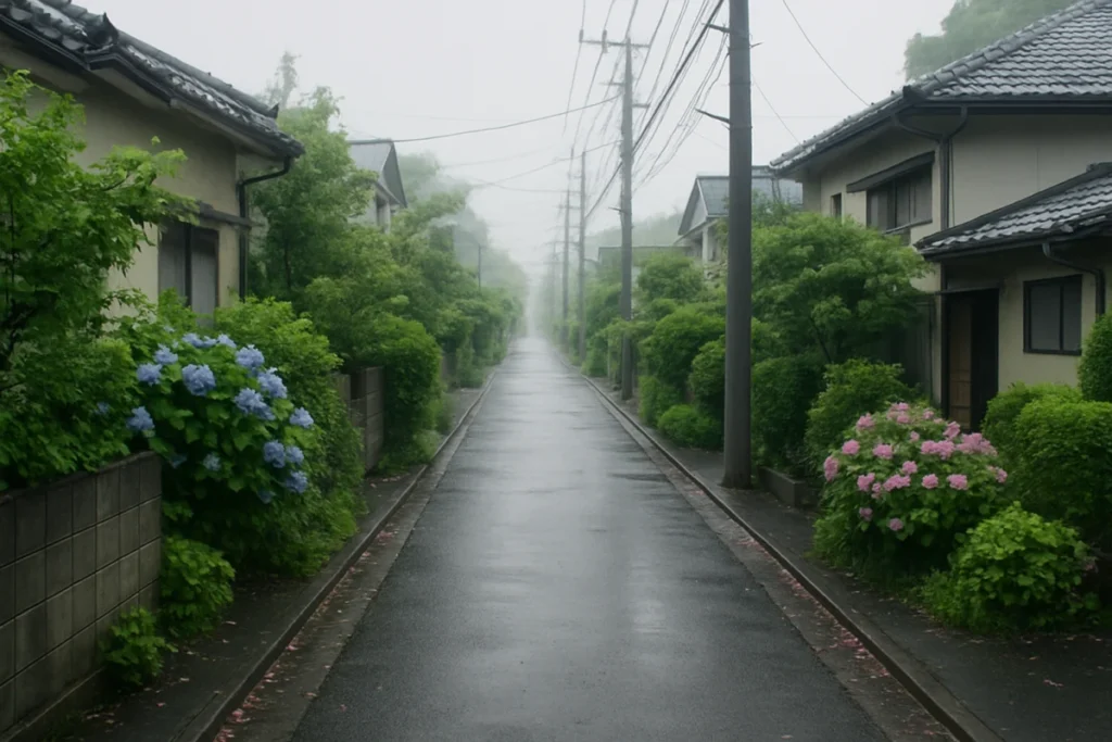 朝の薄霧がかかった東京の住宅街の通り