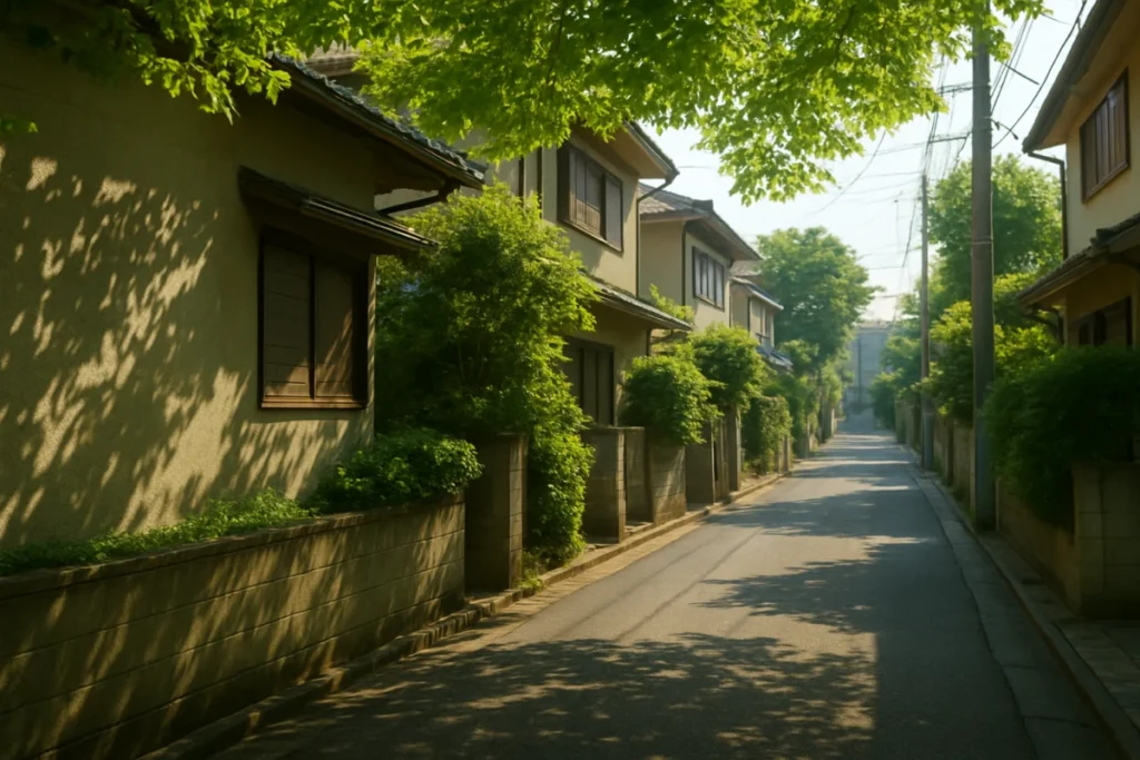 東京の住宅街の軒先に朝の光が差し込み、葉の影が壁に揺れている様子