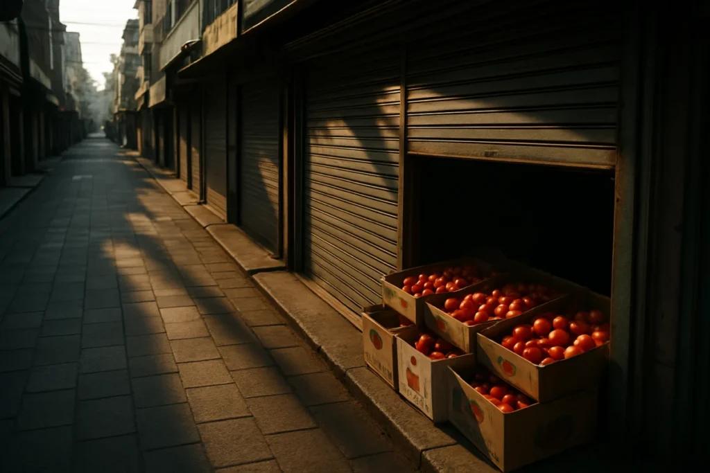 朝の商店街で開きかけの八百屋のシャッターとトマトの箱