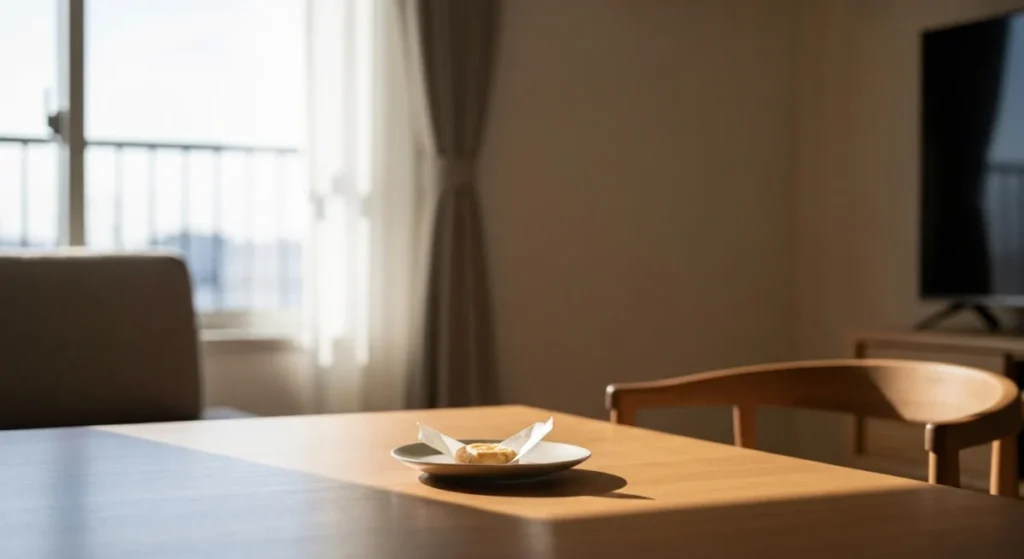 朝の窓辺で菓子を置く木の皿と淡い光の影