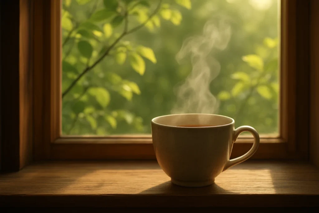 Steam rising from a teacup beside a window overlooking fresh green garden leaves in soft morning light
