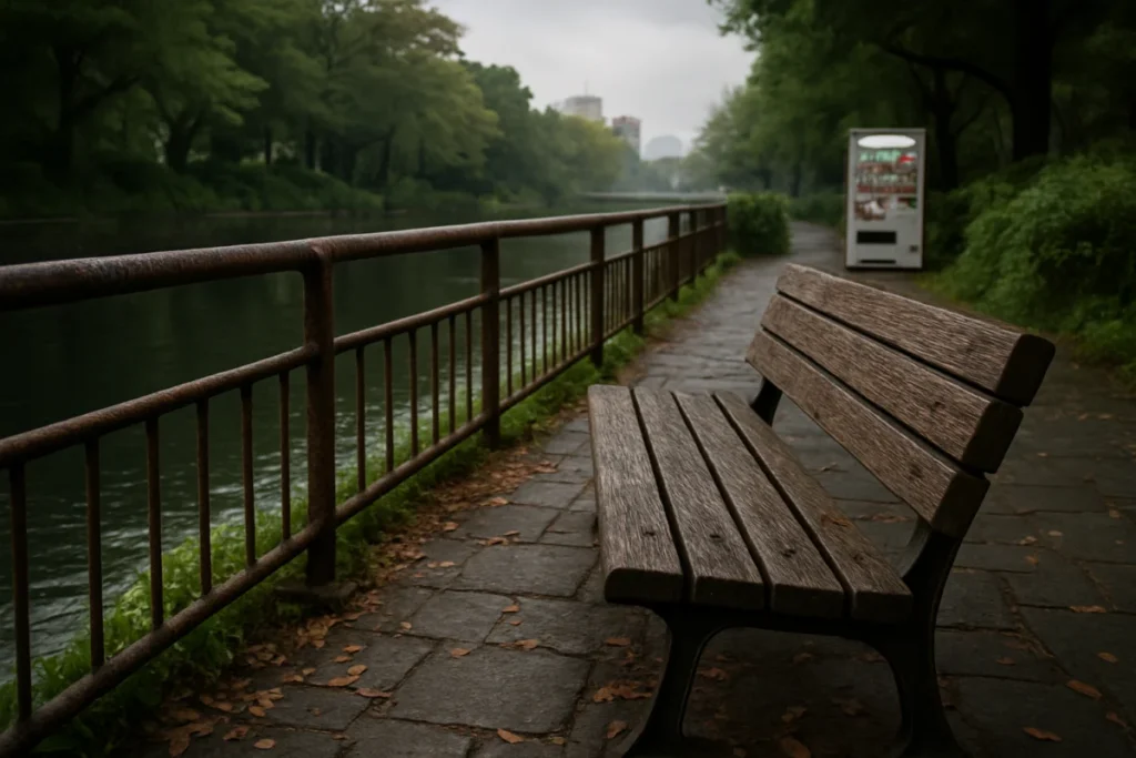 東京の公園の朝、灰色の空の下、木製ベンチと鉄の手すり、石畳と落ち葉の風景。静かな街の自然。