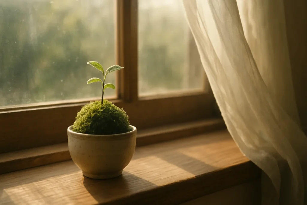 窓辺に置かれた苔玉と朝の光が木製の窓枠に影を落とす様子