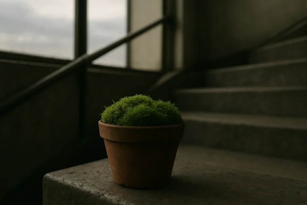 階段の踊り場に置かれた植木鉢の苔