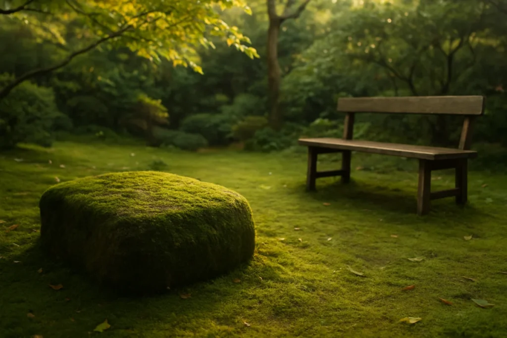 午後の光に照らされた苔むす石と葉の影の静かな庭