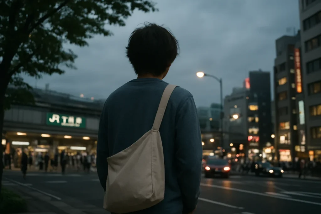 夕暮れの駅前で無印良品のショルダーバッグを持つ人の後ろ姿