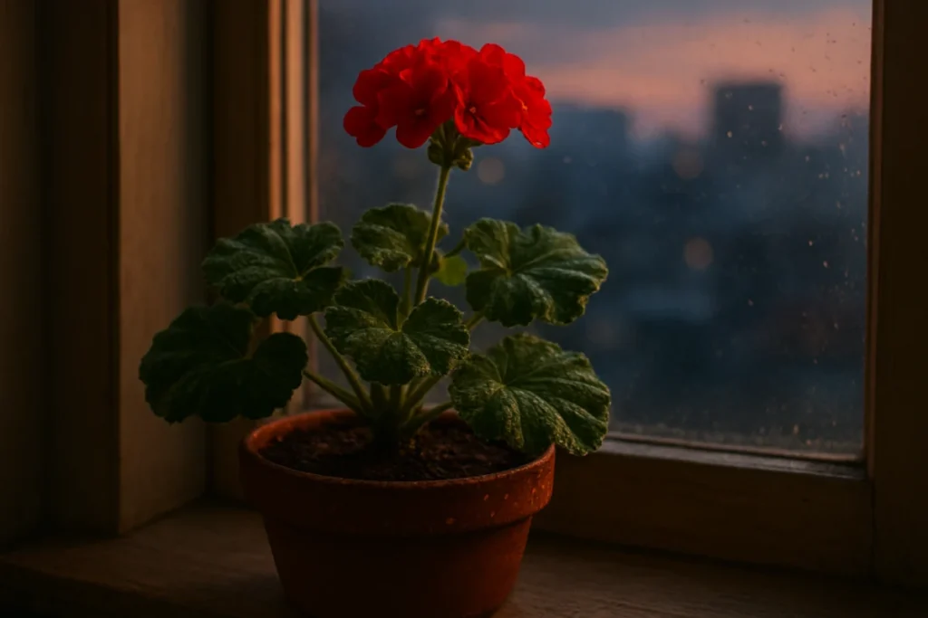 夕暮れの窓辺に置かれた鉢植えゼラニウムと水滴、葉の質感が光に透ける