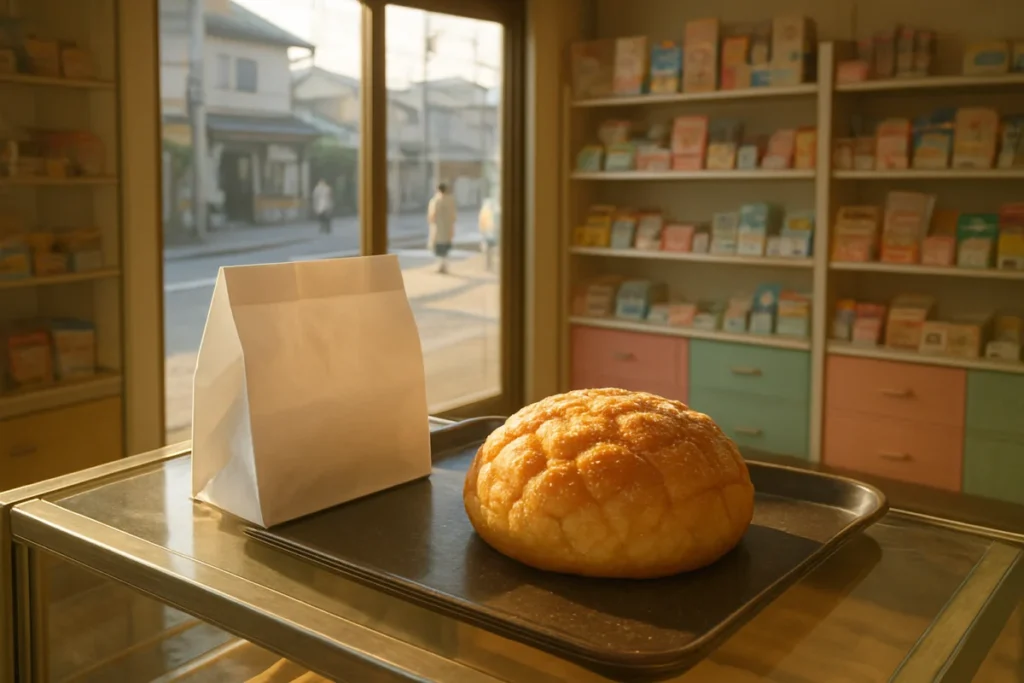 焼き立ての新作メロンパンを前にする店頭の風景