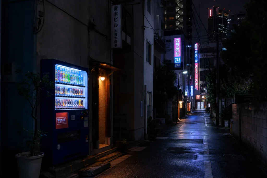 夜の路地 自販機の灯り 路面の反射と鉢植え