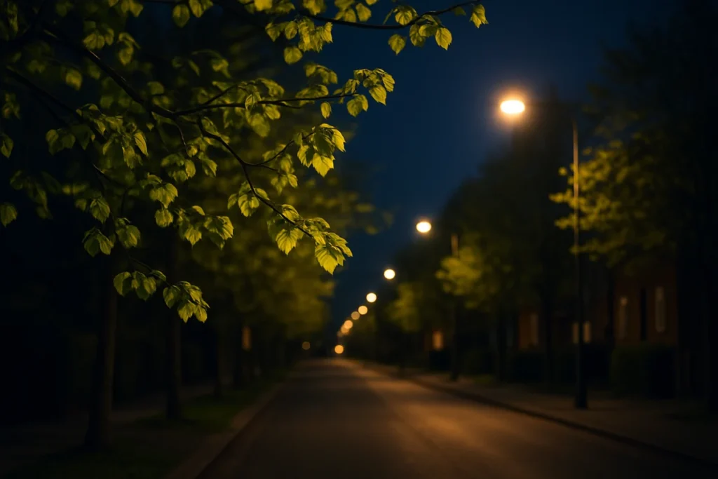 夜の街角で風に揺れる青葉と街灯の光