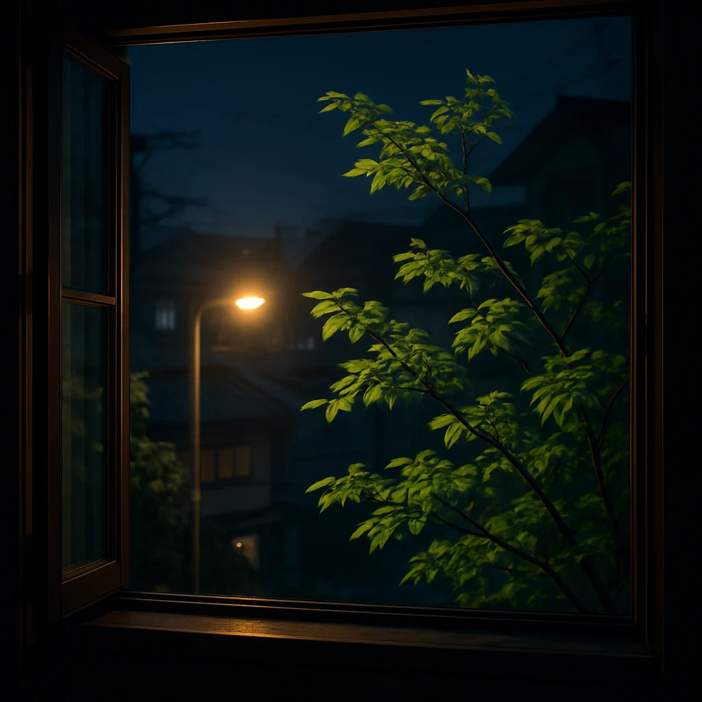 夜の窓辺から見える青葉と街灯の光