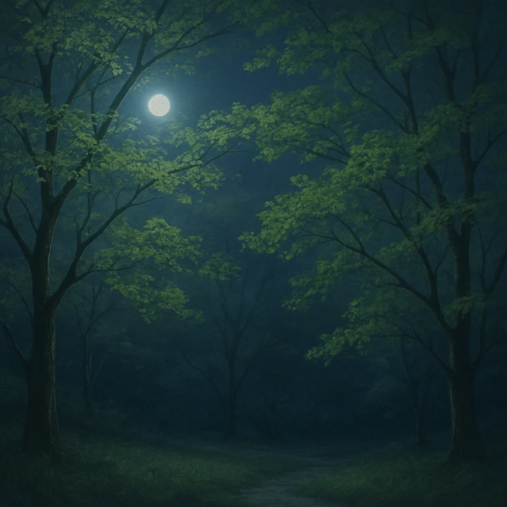 夜の静かな風景と新緑の木々