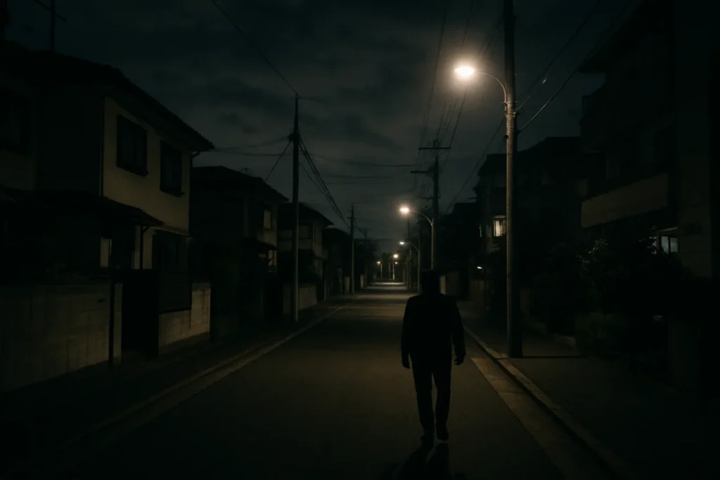 夜の住宅街の歩道を歩く人の後ろ姿のシルエット