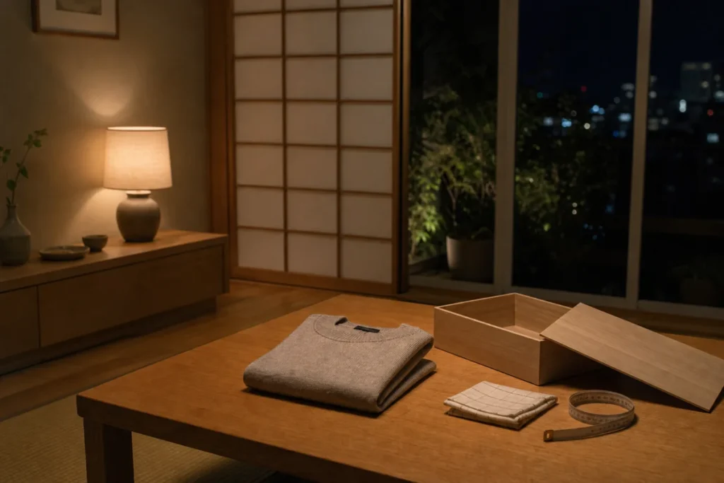 夜の部屋でセーターを薄く畳んで収納箱へ入れる様子