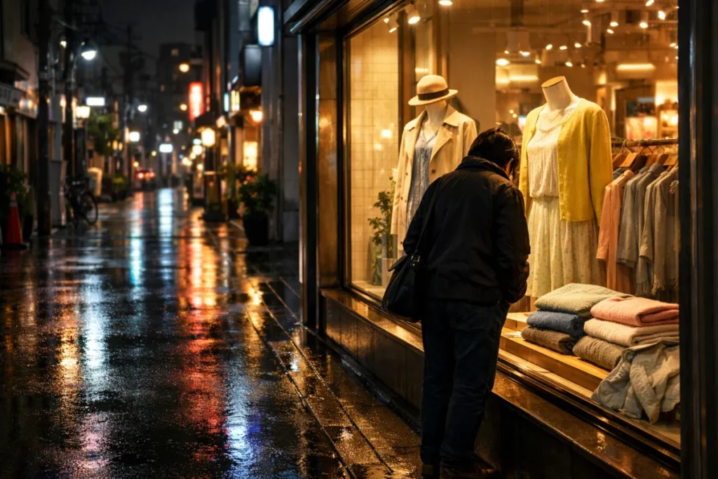 夜の街で百貨店のショーウインドウを見上げる人と、春物の軽いアウター