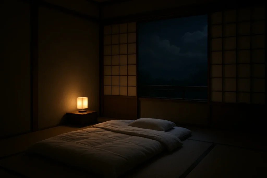夜の室内で静かに眠りに向かう様子