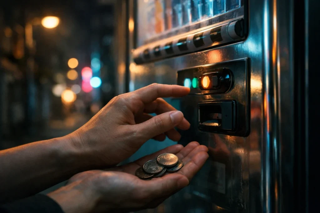 夜の自販機の前で硬貨やボタン付近の色合いが照明で変わる情景