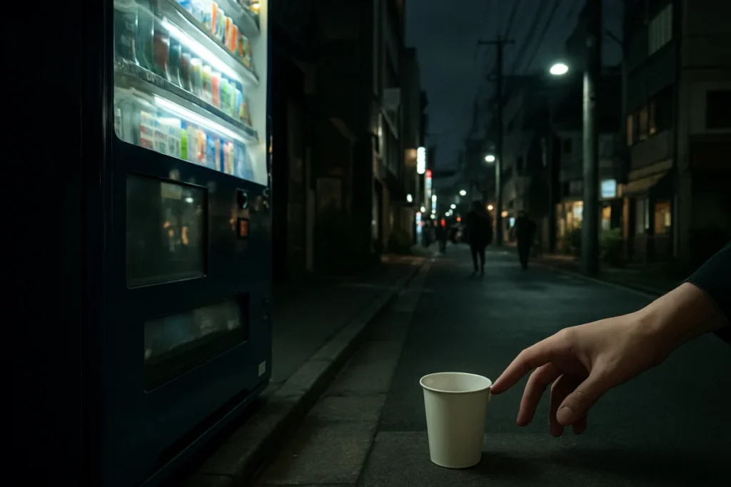 夜の街角にある自販機のガラス越しに街灯の光が揺れる情景