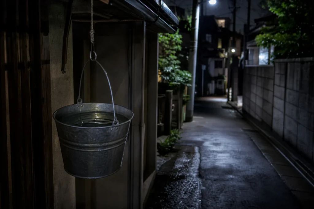 夜の路地、軒下の洗い桶が弱い風で揺れ、壁に影が伸びる情景