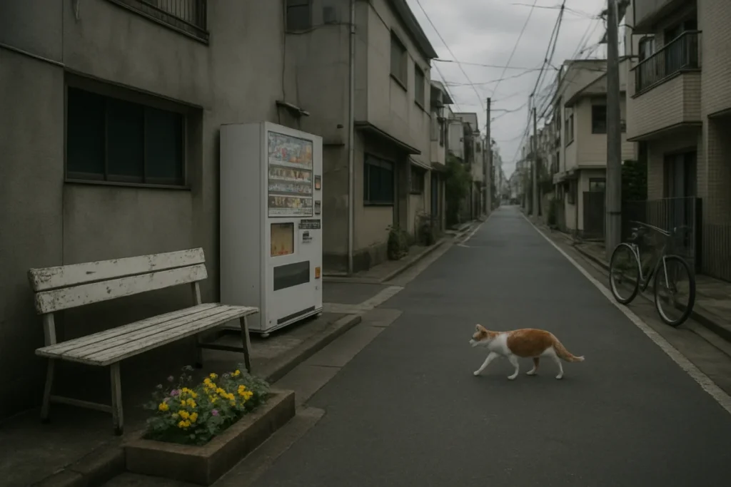 正午の東京の路地、薄曇りの空の下、石畳とベンチ、自動販売機、花壇、猫が通る風景
