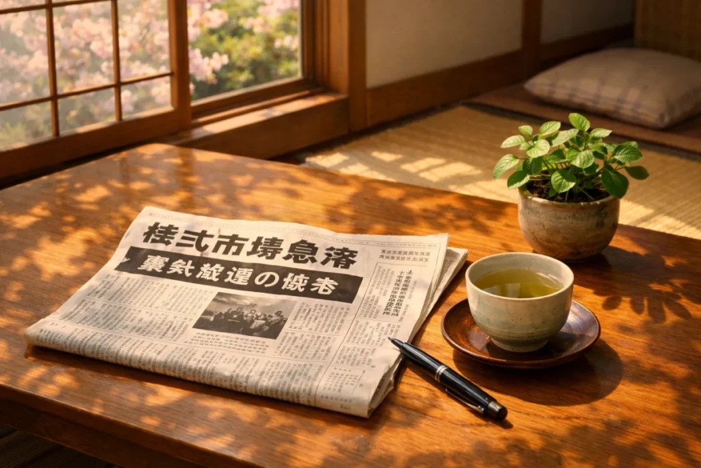 正午の窓辺で開いた新聞の見出しを手元でたどる場面の静かな光景
