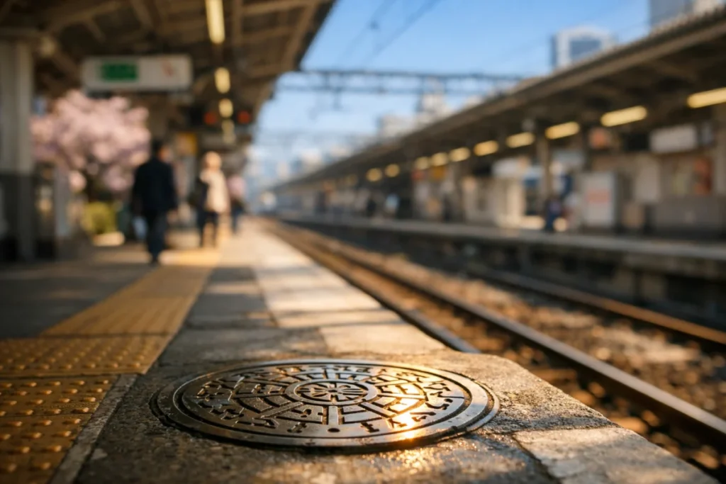 昼の駅ホームで光が落ちるマンホールの蓋を前景にした写真風景