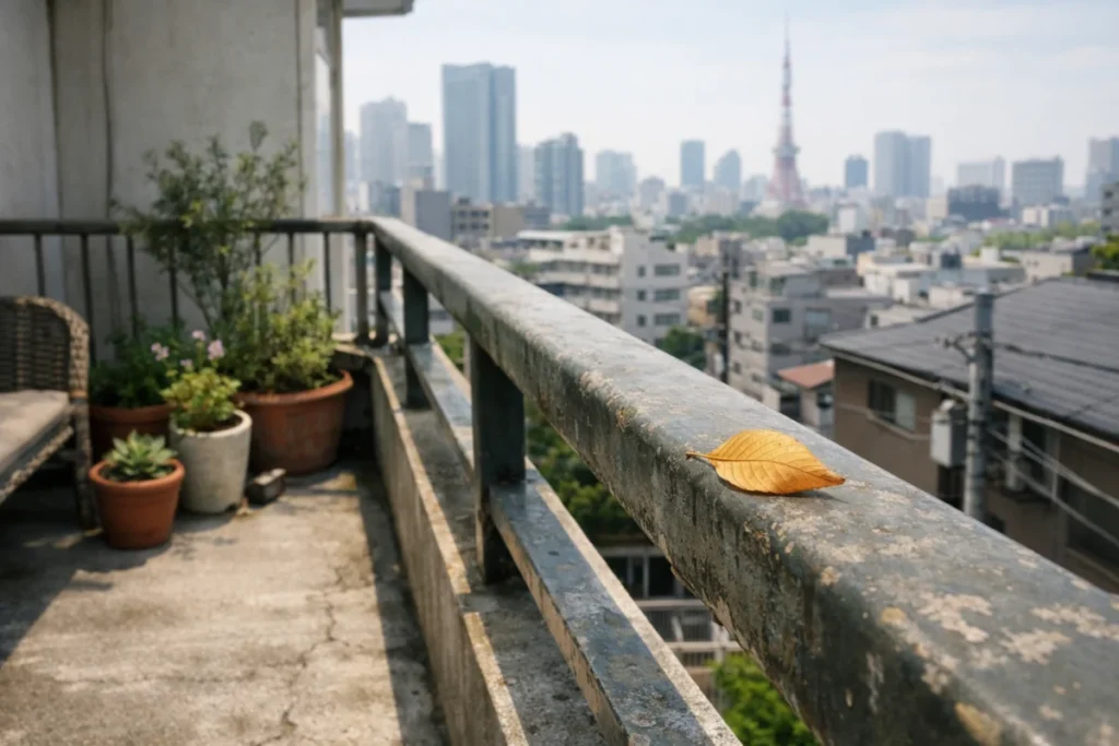 五月の東京のベランダで落ち葉一枚が風に揺れる情景