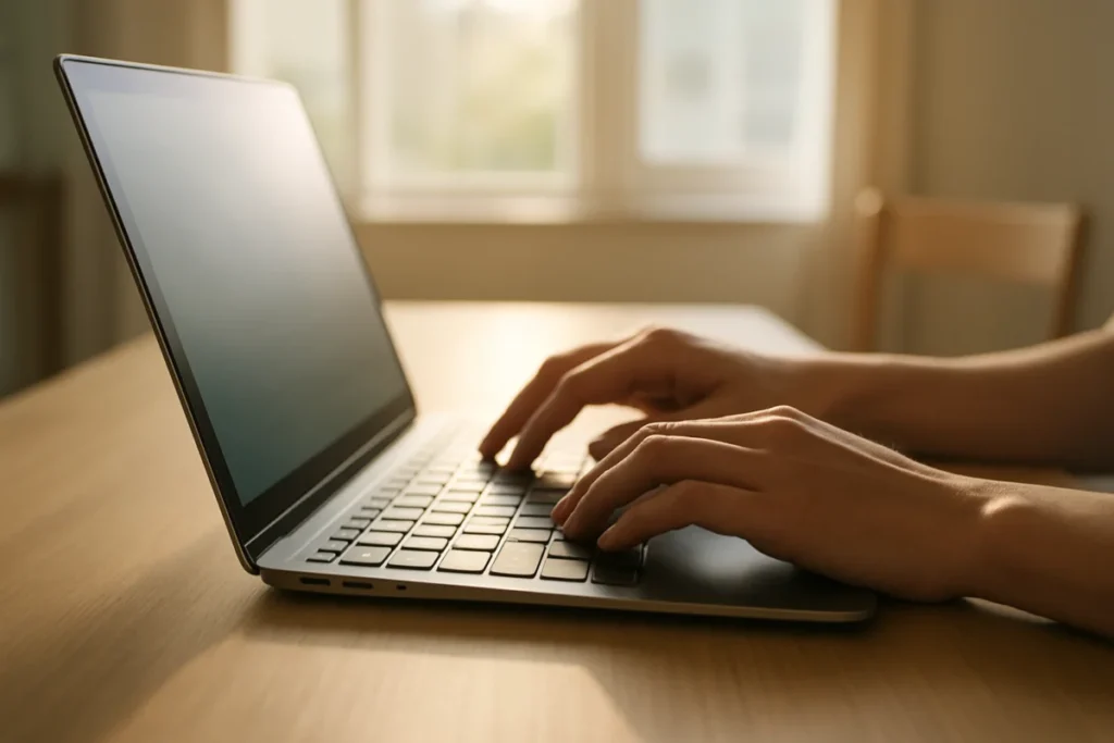 朝の光が差し込む机の上のノートPCの鍵盤