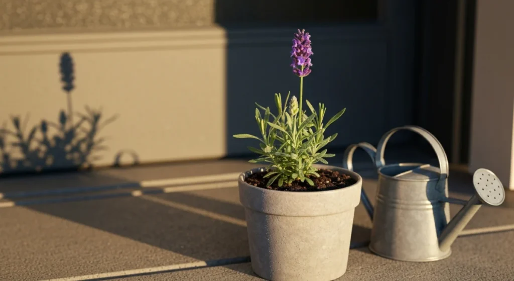 玄関先の一鉢の花と朝の光の影