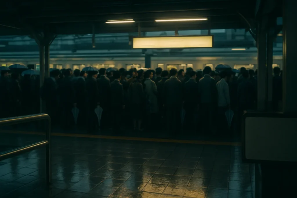 雨上がりの夕方、東京の駅構内で乗り場前に並ぶ人々の雰囲気