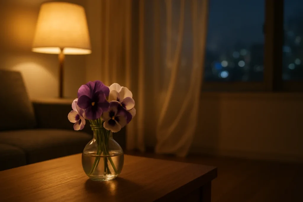 パンジーの花瓶と小さな灯りが揺れる夜のリビング