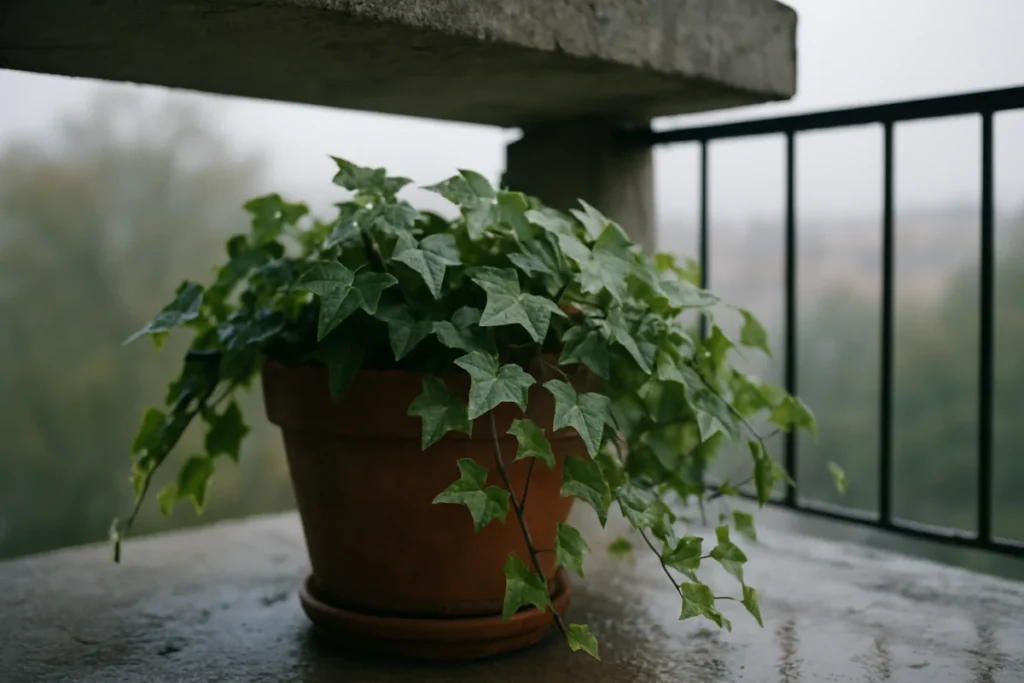 A close-up of small green ivy leaves in a terracotta pot under a balcony, with tiny mist droplets resting on the leaves during a quiet afternoon rain.
