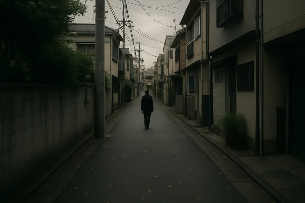 曇りの午後、静かな東京の路地の風景と人影